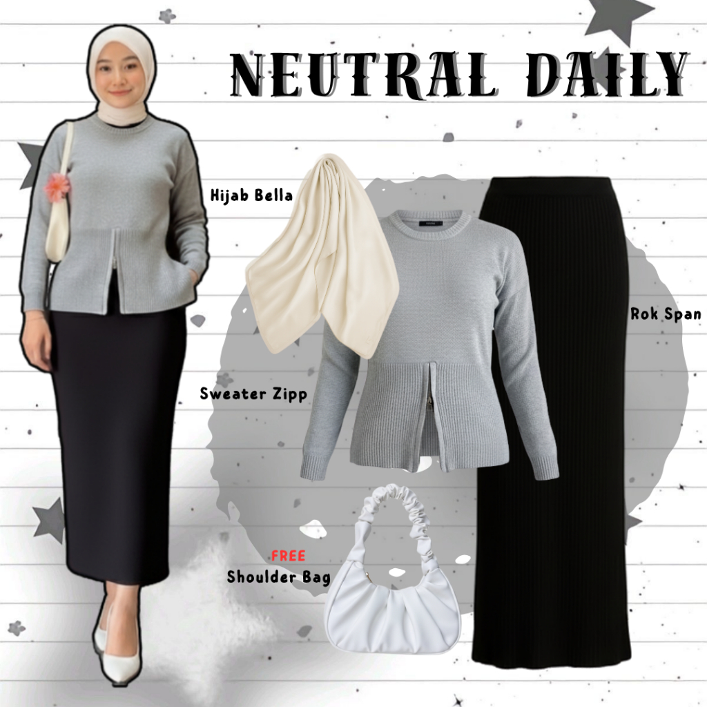 One Set Wanita ( Bella Square + Sweater Zipper + Rok Span ) Ootd Hijab Casual Kekinian