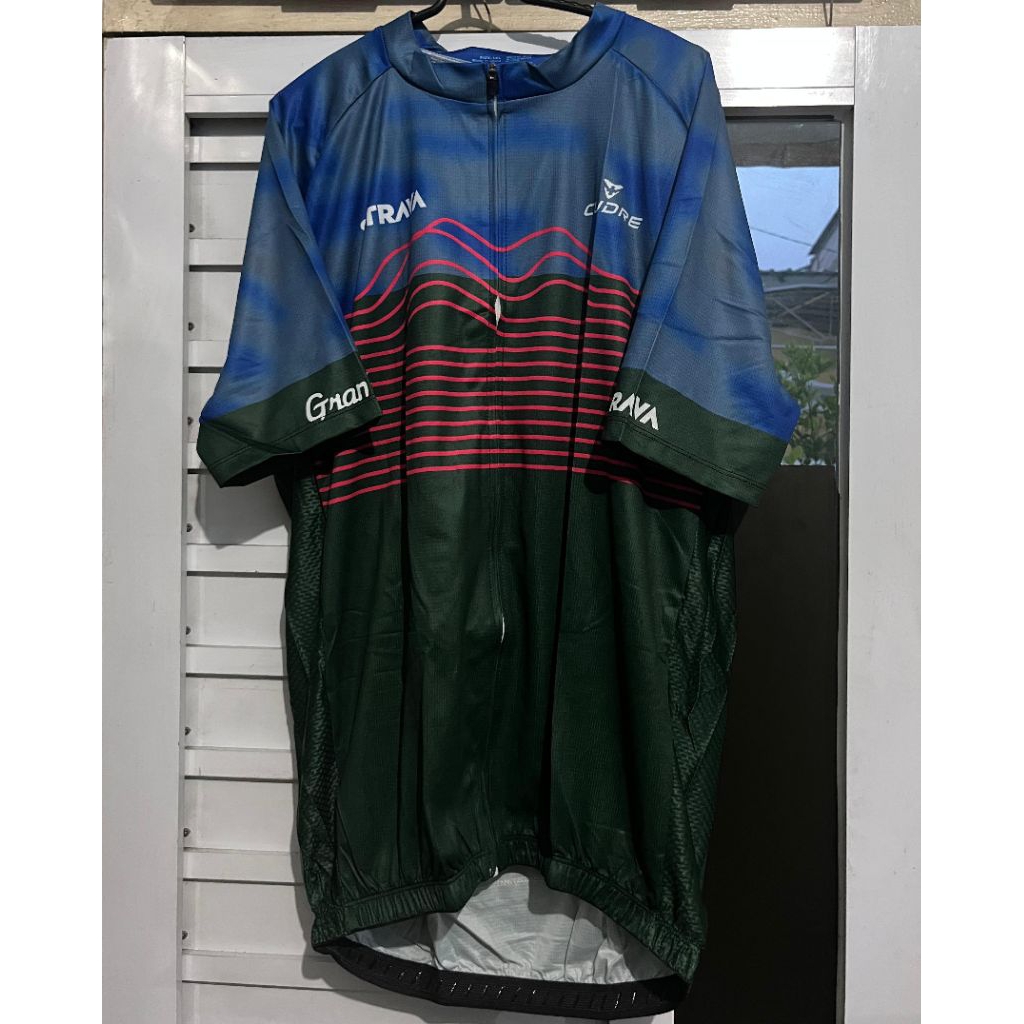 Jersey Sepeda Strava Biru Gelombang Merah