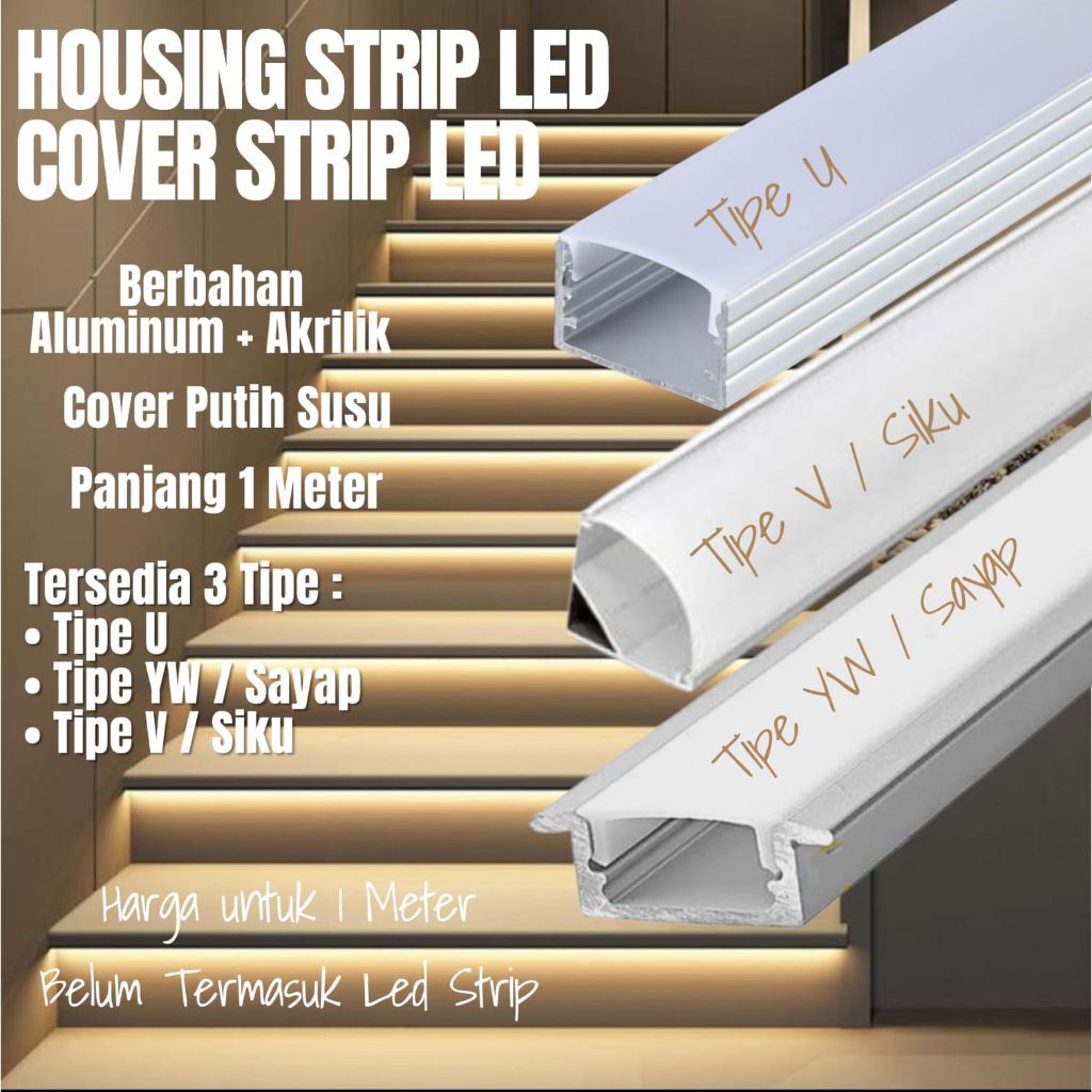 Housing Lampu LED Strip Aluminium Cover Strip LED Tipe U V Sayap Panjang 1 Meter Material Aluminium 