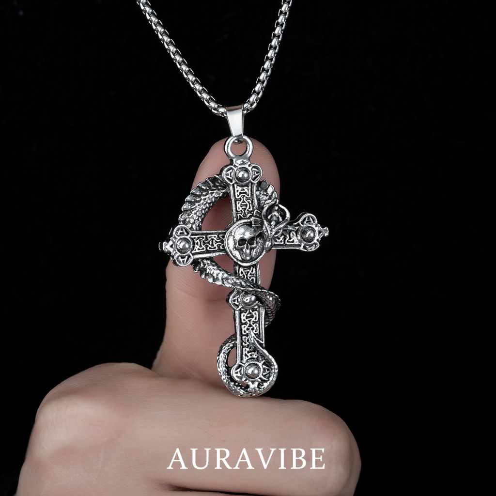 AURAVIBE-"Kalung pria gaya Eropa-Amerika baru Liontin tengkorak dan salib dari titanium, gaya retro,