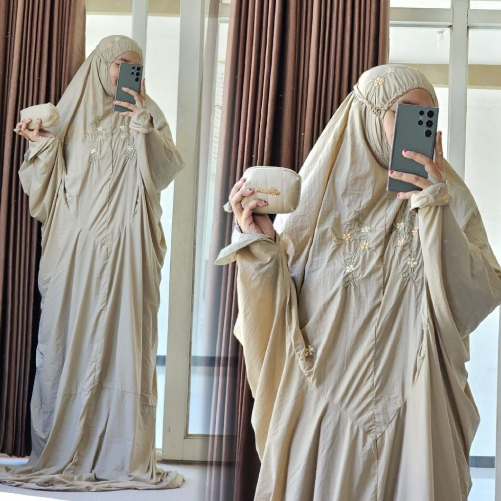 mukenah terusan travel parasut motif bordir MUKENAH TRAVEL TERUSAN BAHAN PARASUT TEBAL TIDAK NERAWAN