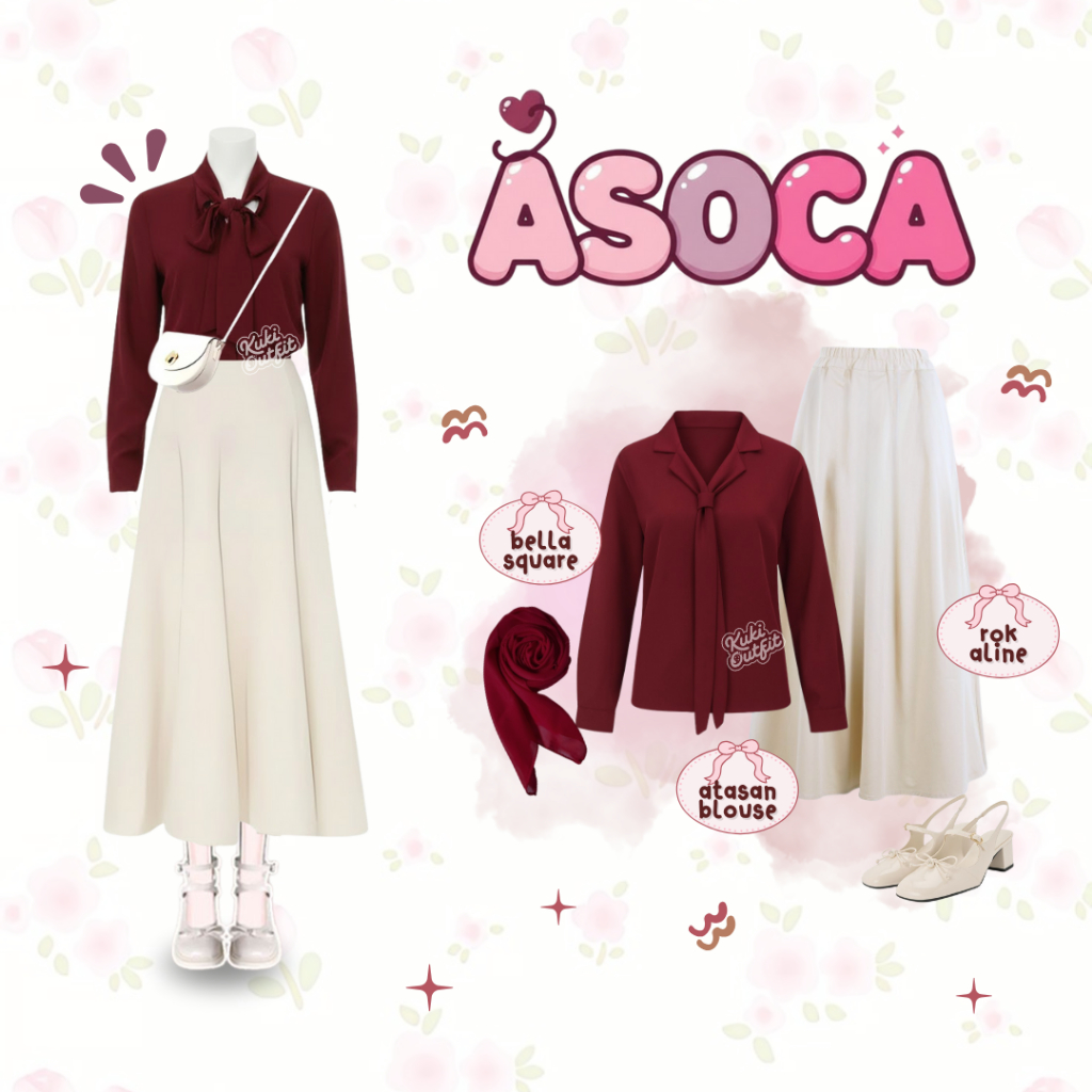 Kuki Outfit - Asoca 1 Set Blouse Wanita Maroon (Kemeja, Rok, Celana, Hijab) Baju Set Outfit - KA75