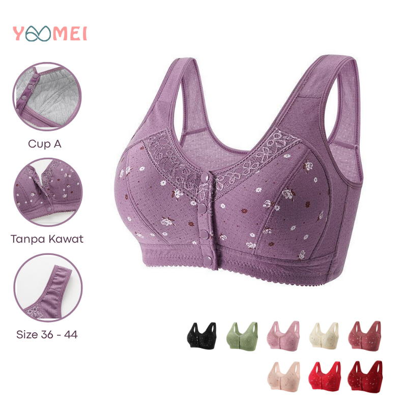 YOOMEI Bra Jumbo Wanita Dewasa Tanpa Busa Tanpa Kawat Bh Busui Kancing Depan Motif Bunga