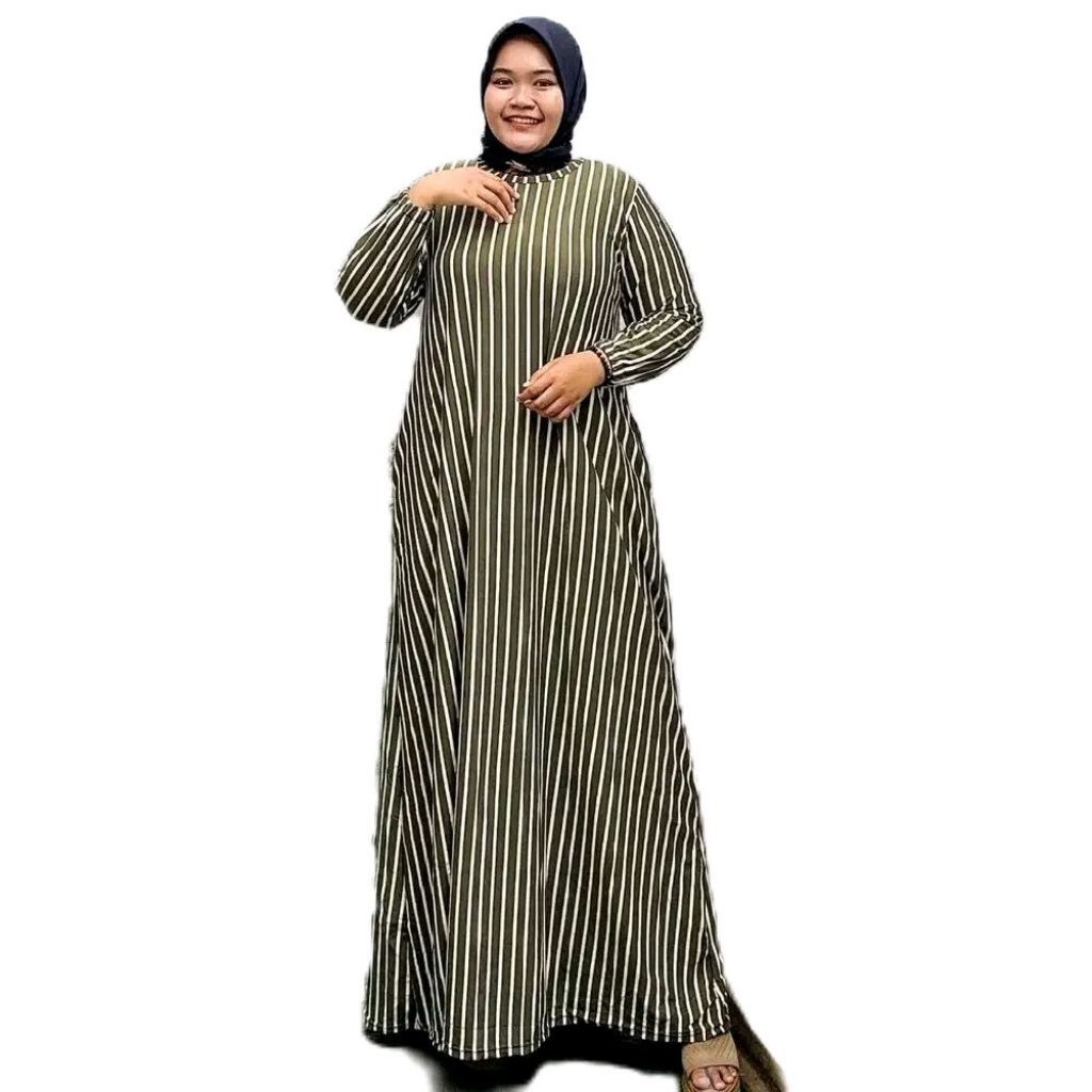 Gamis Jumbo Yeni Maxy Dress Bahan Kaos Rayon Spandex Motif Salur Allsize LD110 Melar 140 By Redea