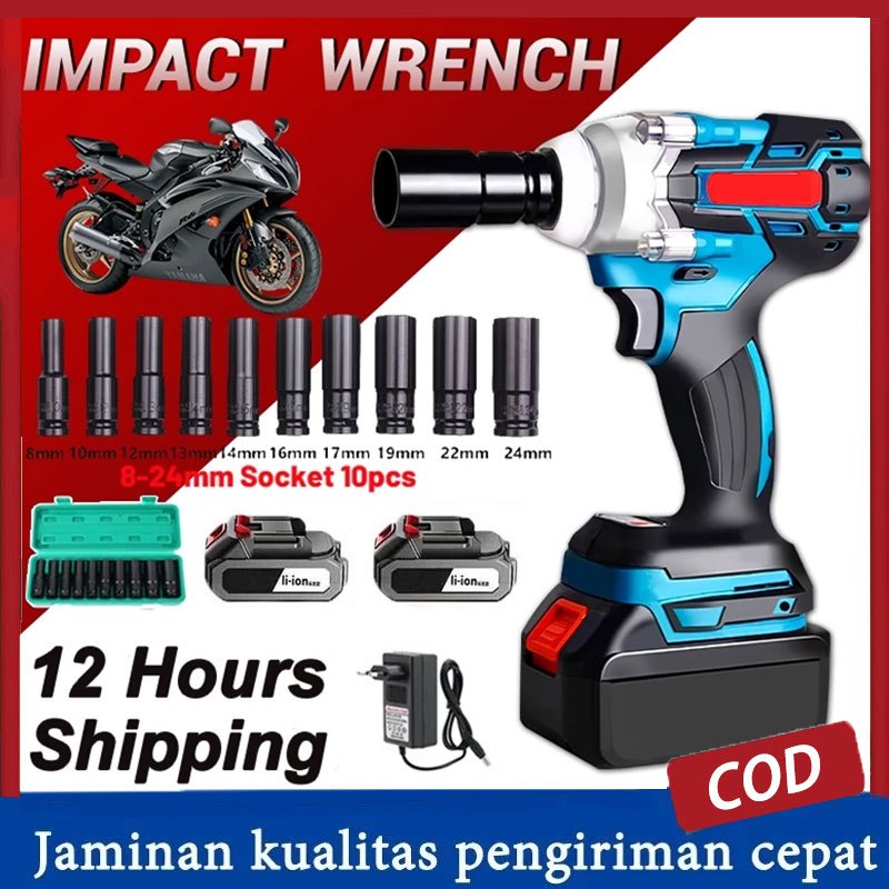 Cordless Impact Wrench 588V Bor Impact Baterai 2 Baterai Impek Baterai Kunci Wrench Impact Tekiro