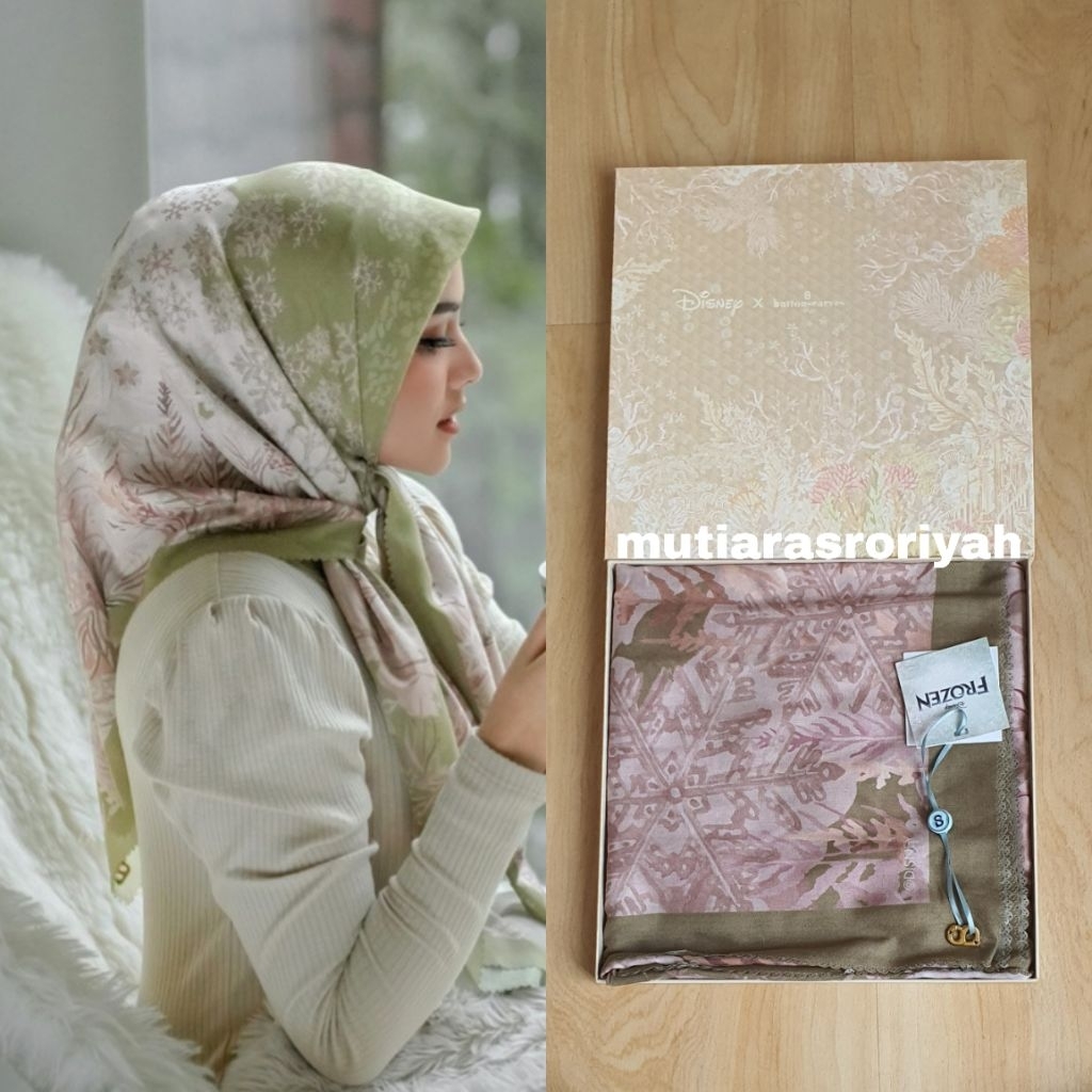 READY STOCK Buttonscarves Frozen Willow XL Syari Green Olive Square Voal Voile As Is New with Box BS