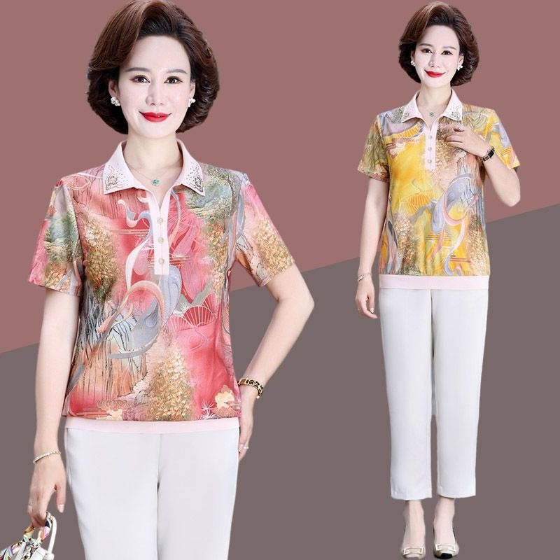 Baju Wanita Lansia Kaos Lengan Pendek Musim Panas Kerah Material Sutra Es Warna Solid Tipis