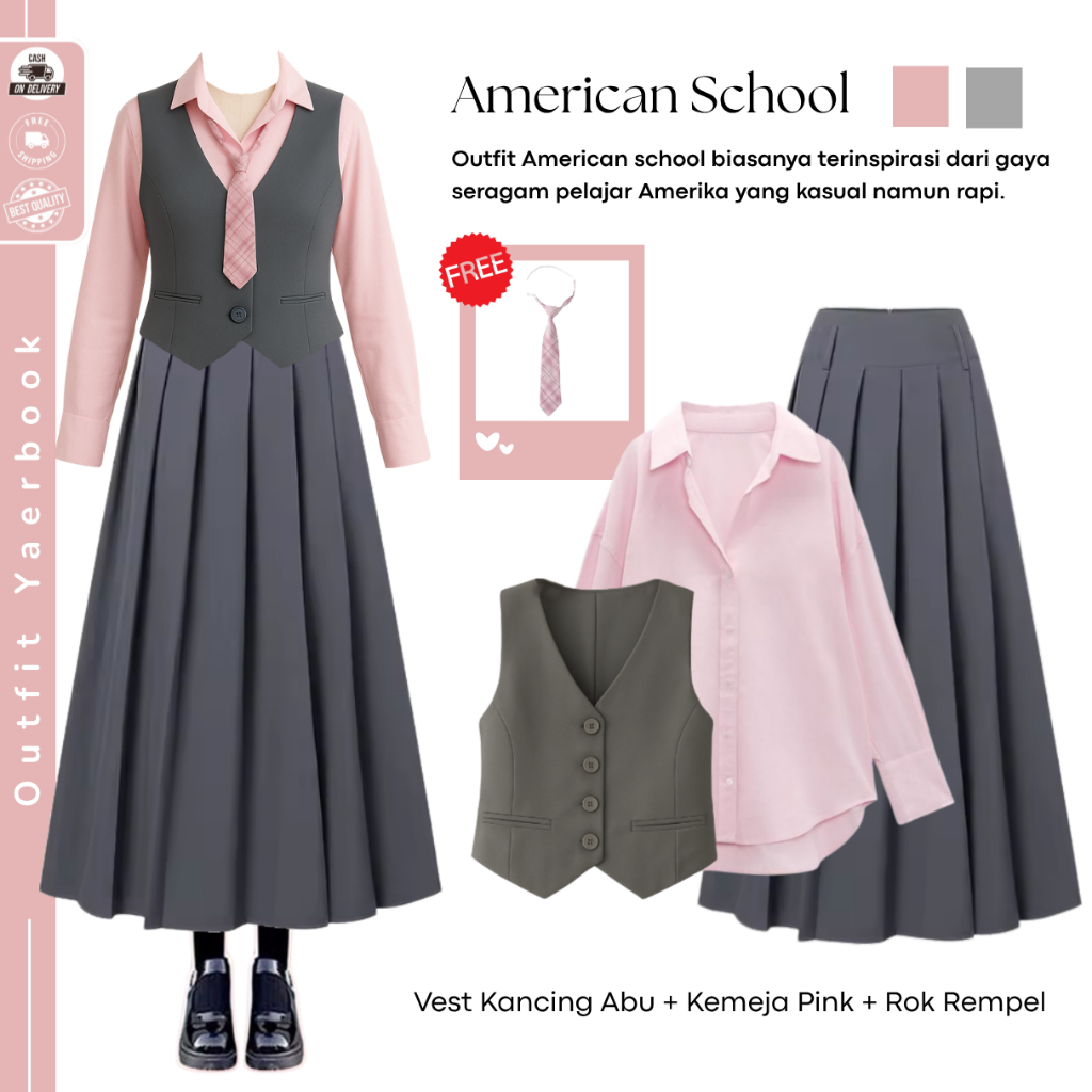 American School Outfit Yearbook (Vest Grey + Kemeja Basic + Rok Remple ) Oneset Yearbook Viral - FO4