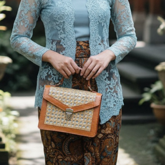 Tas Rotan Anyaman tutup kulit asli tali panjang