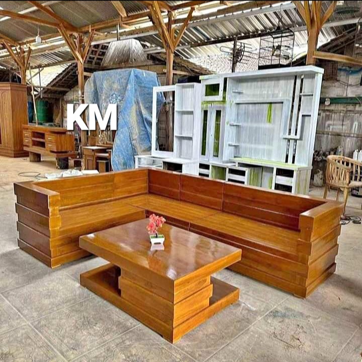 kursi sudut box minimalis jati asli ukuran 200 cm * 250 cm finishing natural elegan/sofa sudut kayu 