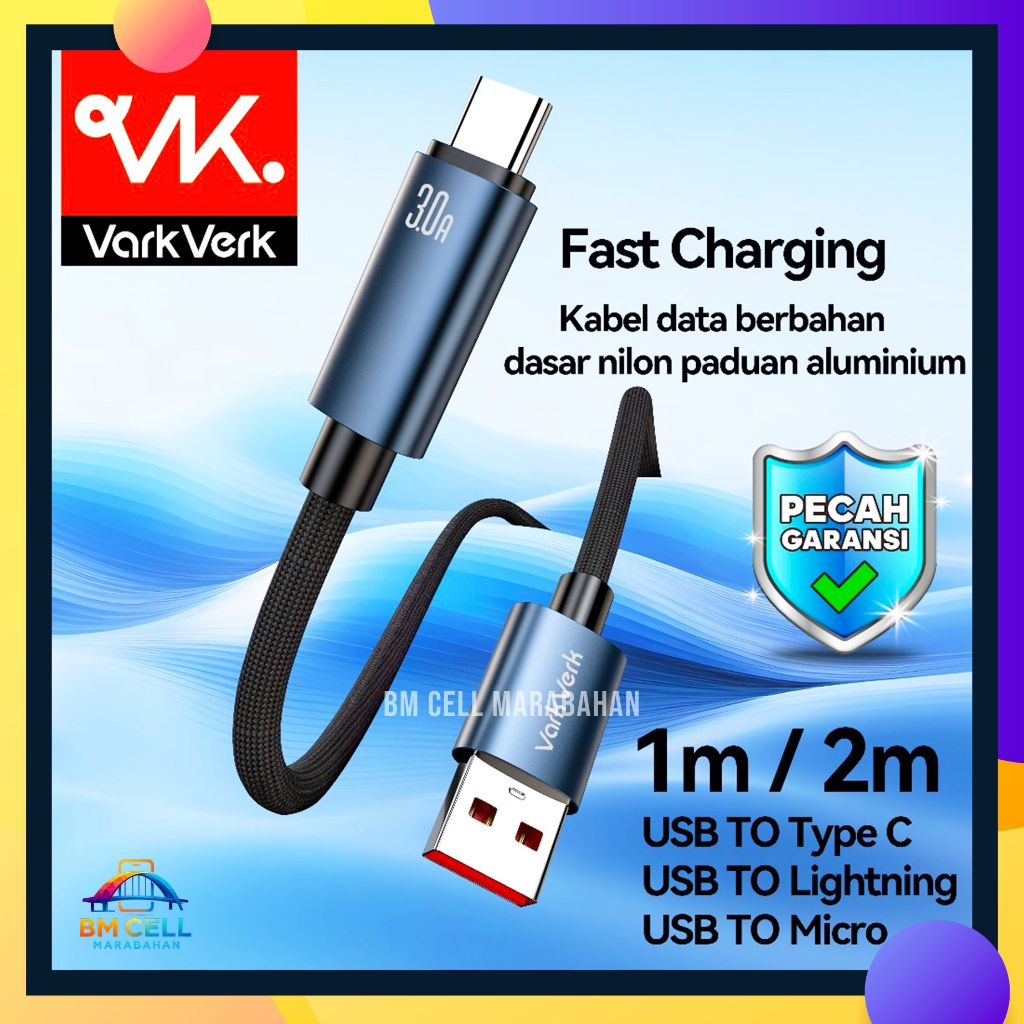 Kabel Charger VarkVerk 3A 35W Braided Nylon Type C Micro iPhone 1m Fast Charging