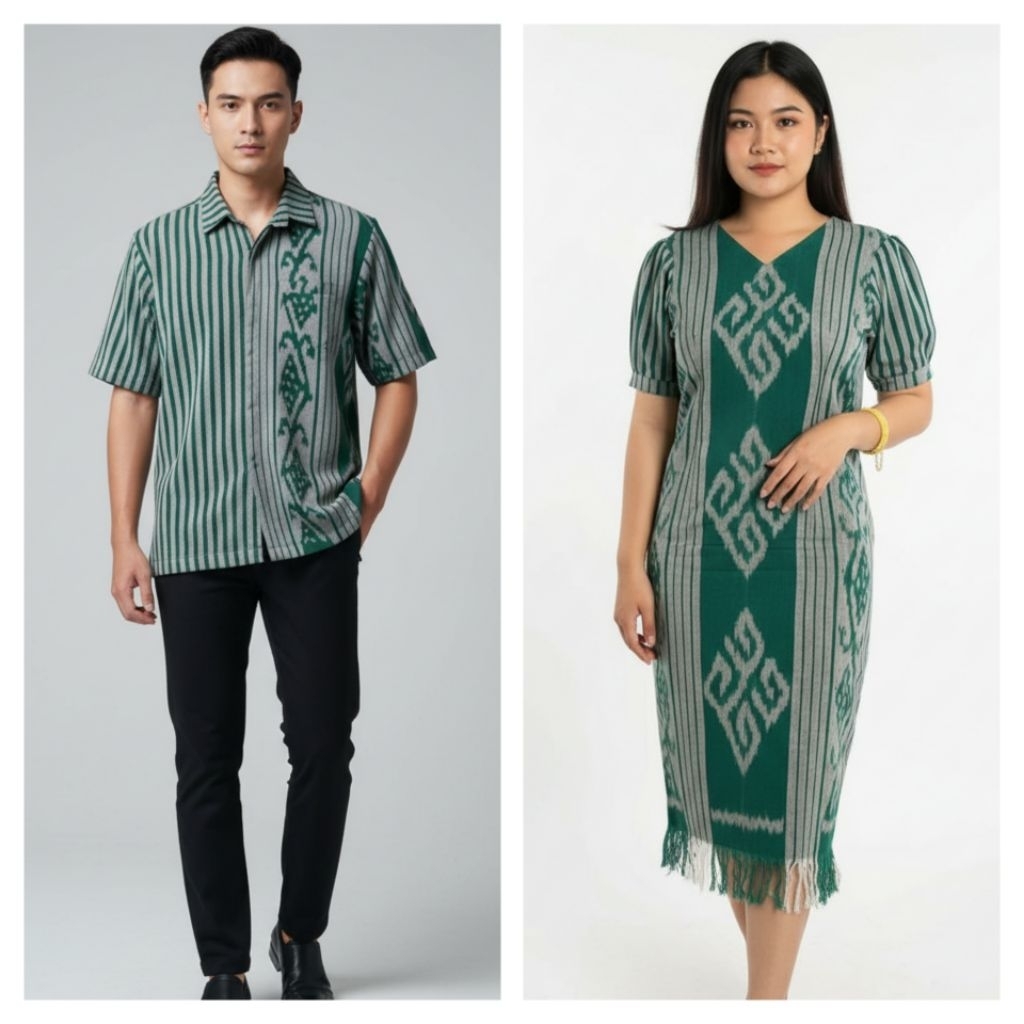 BAJU COUPLE TENUN WARNA HIJAU TOSKA - DRESS TENUN - KEMEJA TENUN - TENUN ASLI JEPARA