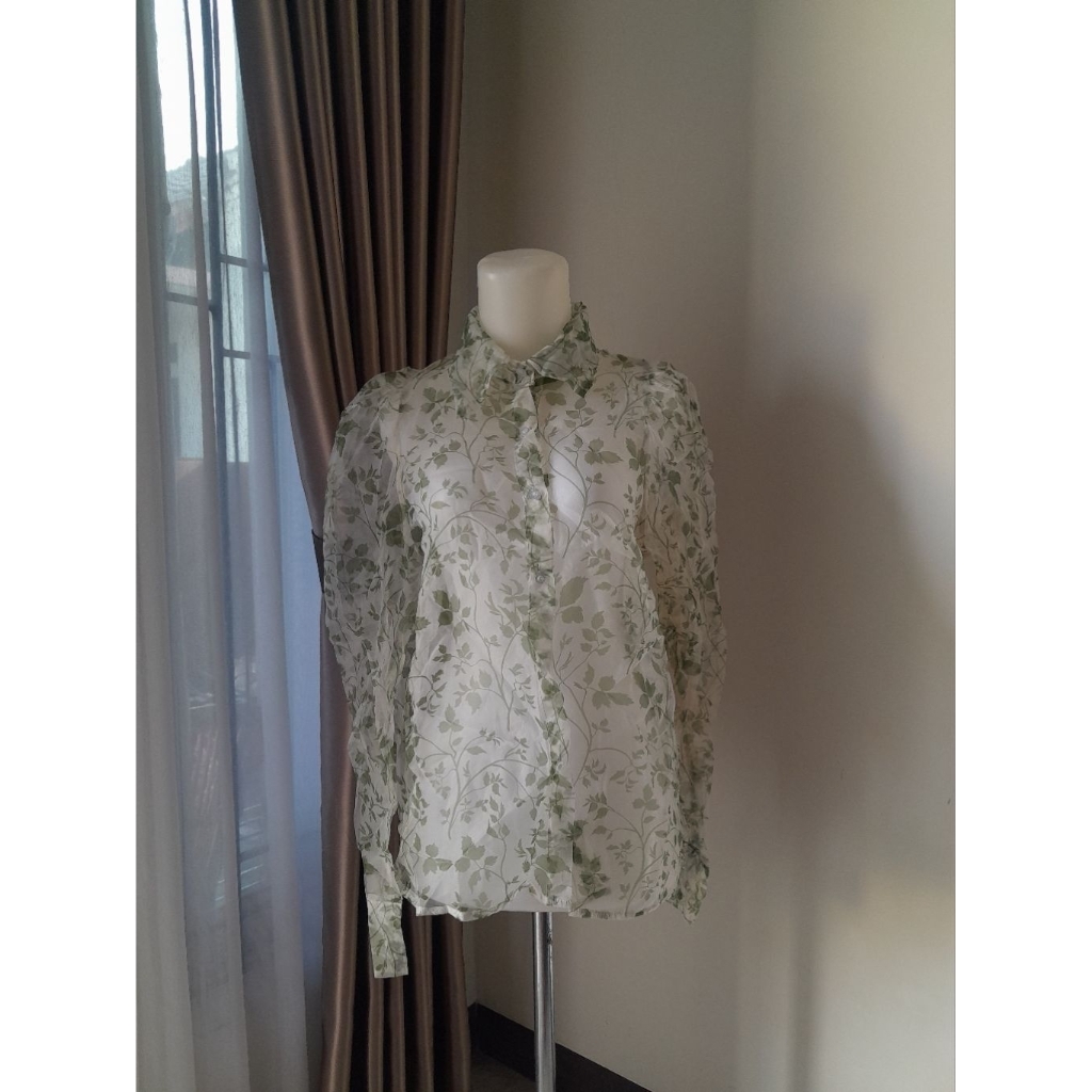 Kemeja Blouse Floral Transparan, Outer Kemeja, Kemeja Transparan, Floral Transparant Longsleeve