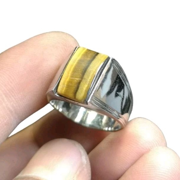 NATURAL BATU AKIK TIGER EYE KOTAK RING STAINLESSTELL / CBA-323