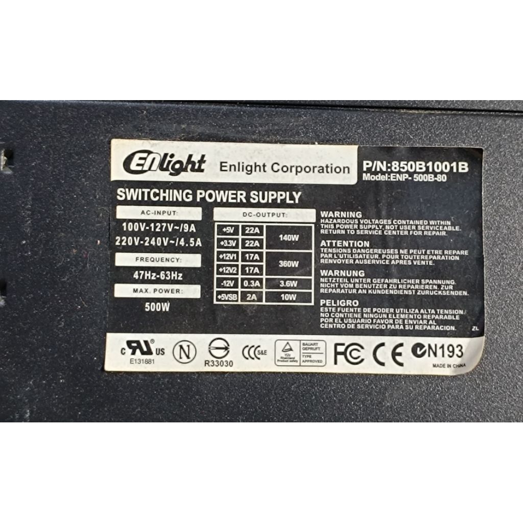 PSU  komputer PC ENLIGHT 500W 80+ Blackhawk Power supply Bekas kondisi baik