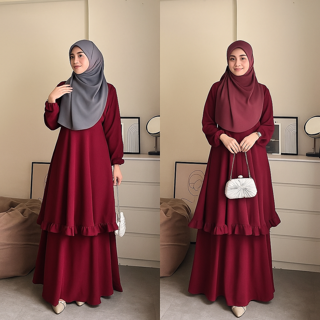 Ainun Gamis Ceruty Melayu Remaja V1 Merah Maroon Bahan Ceruty Babydoll Full Puring LD 95-130 cm