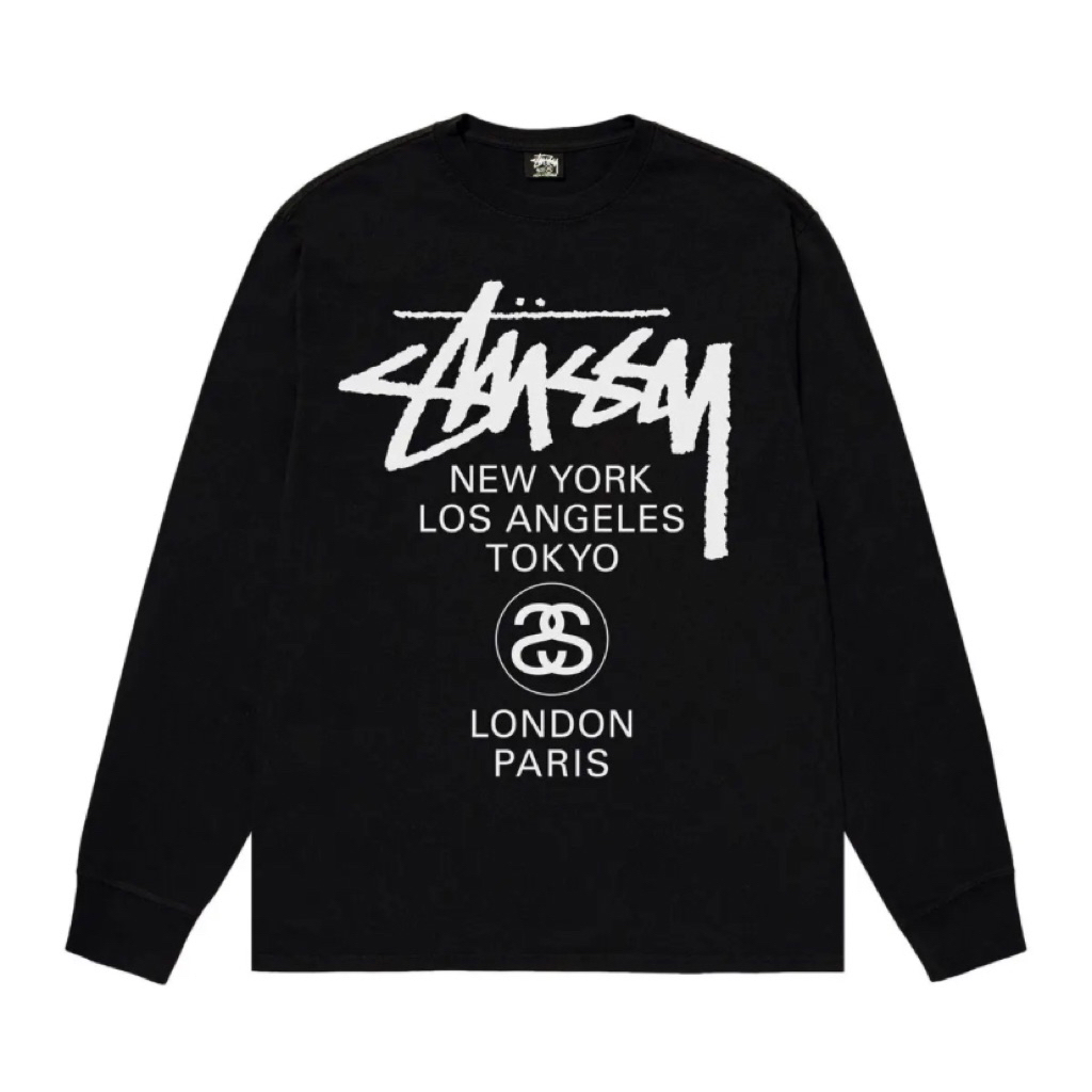 Kaos Oversize STUSSY Basic Stock World Tour Long Sleeve LS L/S Black Tshirt