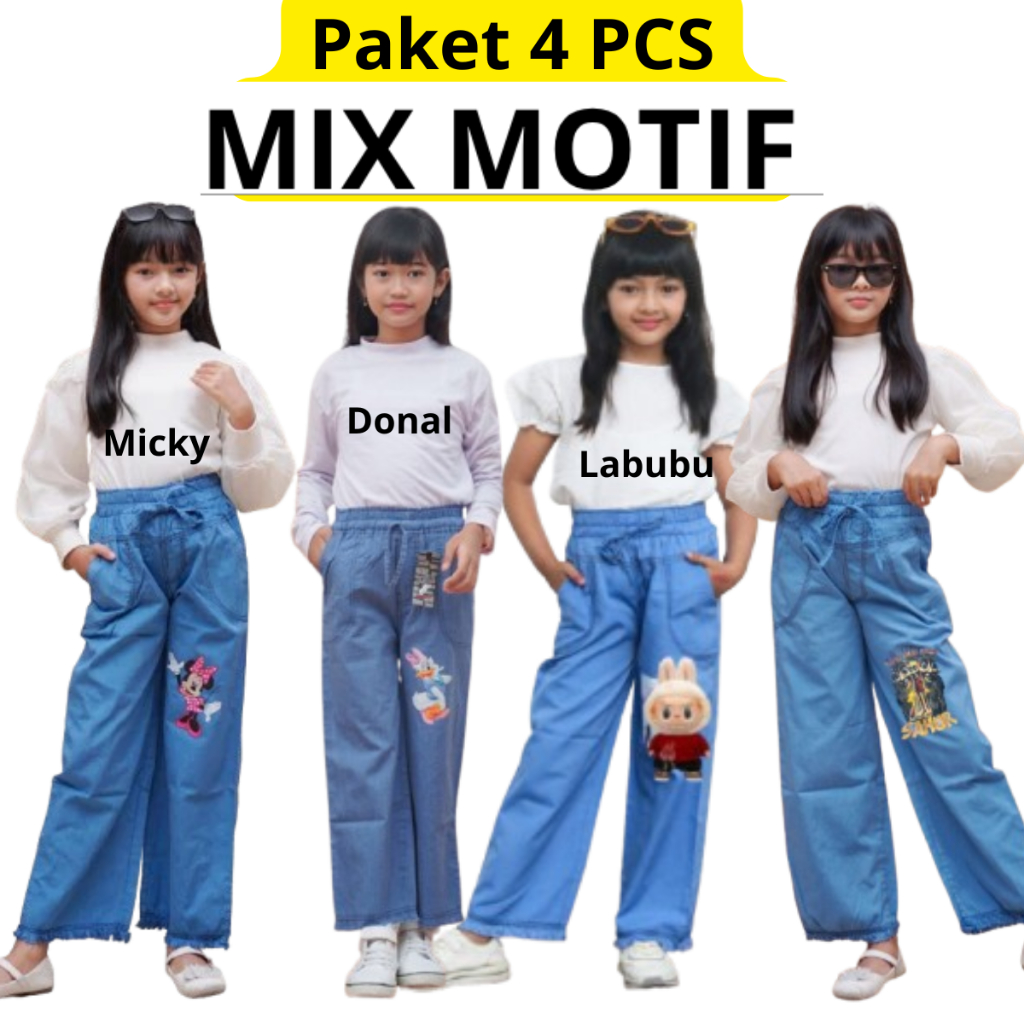 Korean_J23_Loose PAKET 100 Ribu Dapat 4 Pcs Celana Jeans Anak Perempuan Terbaru Kulot Love, Mixue, B