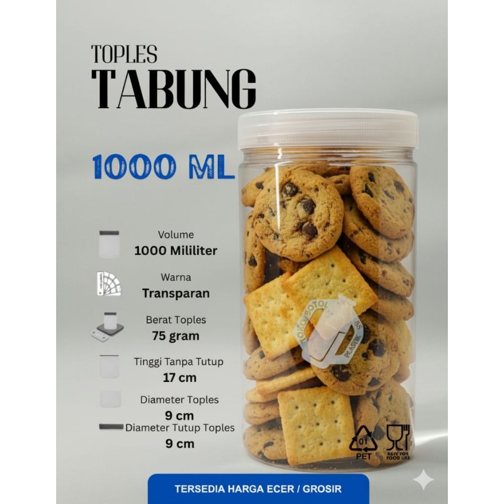 Toples Tabung 1000ML / Toples Tabung 1 Liter 60GR / Toples Plastik Tabung / Toples Plastik 1 Liter /