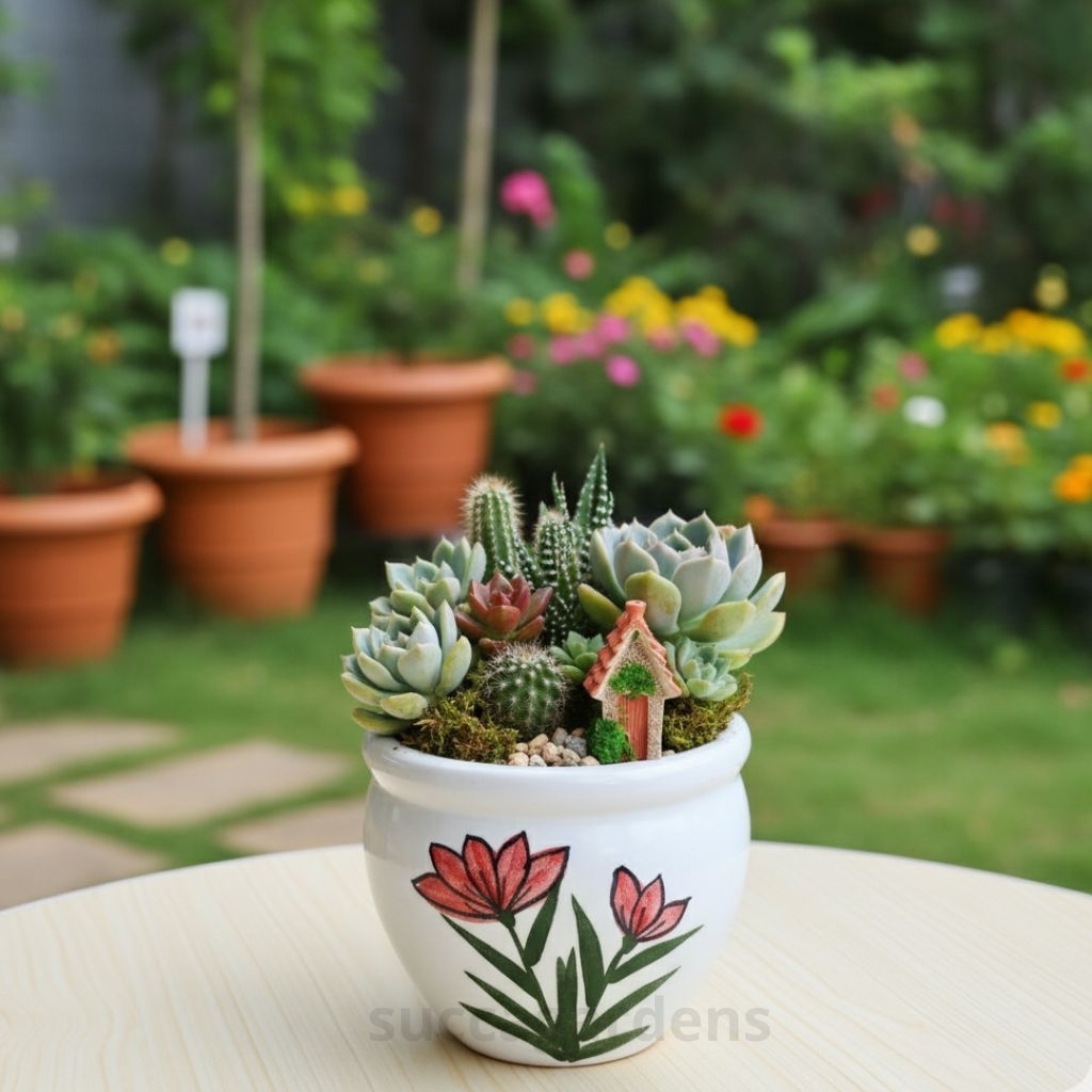 Pot Keramik Gentong putih bunga