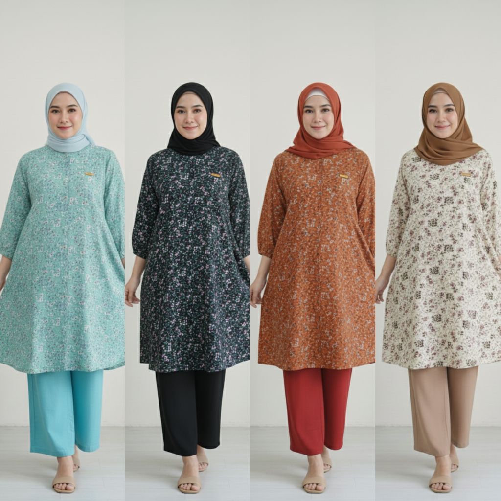 One set tunik rayon twill motif bunga, setelan celana tunik wanita dewasa full kancing jumbo busui b