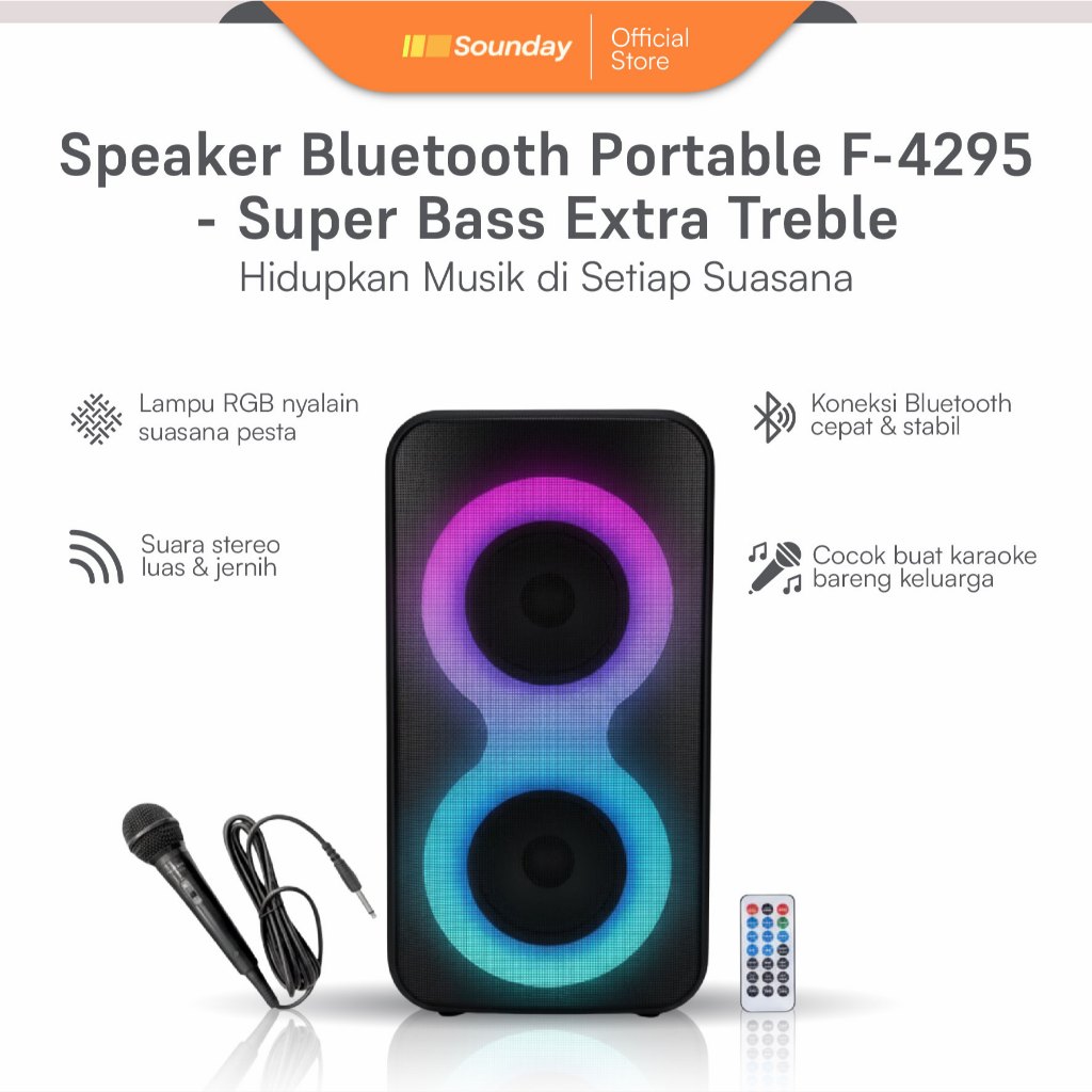 Speaker Bluetooth Portable Fleco F-4295 Super Bass Extra Bass TWS Karaoke LED Party Light FM Radio