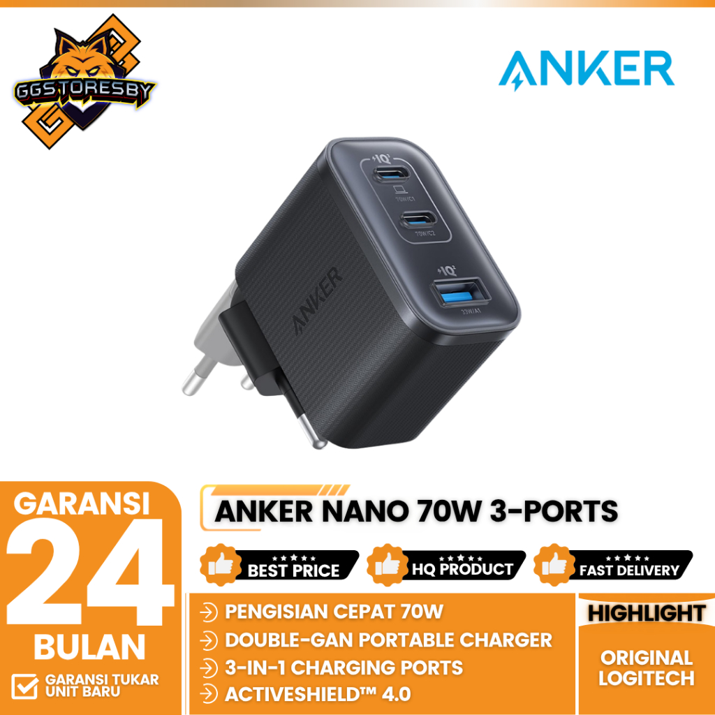 Charger ANKER Nano 70W 3-Ports - Anker Nano 70W Gan Double-Gan Portable Charger Fordable Fast Chargi