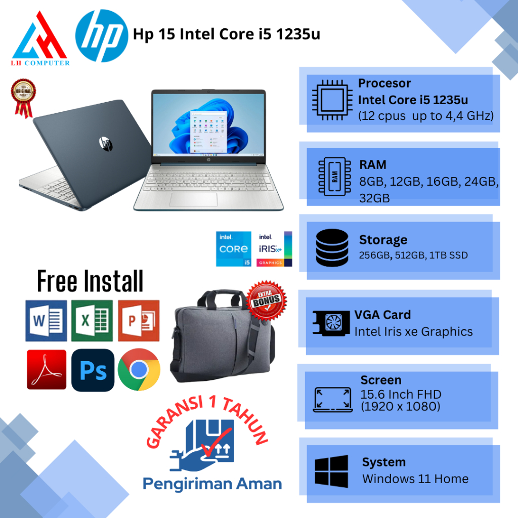 Laptop Baru HP 15 Intel Core i5 1235u 12Cpus Upto 4,4Ghz | Intel Core i5 Gen13 12CPus 4,6Ghz