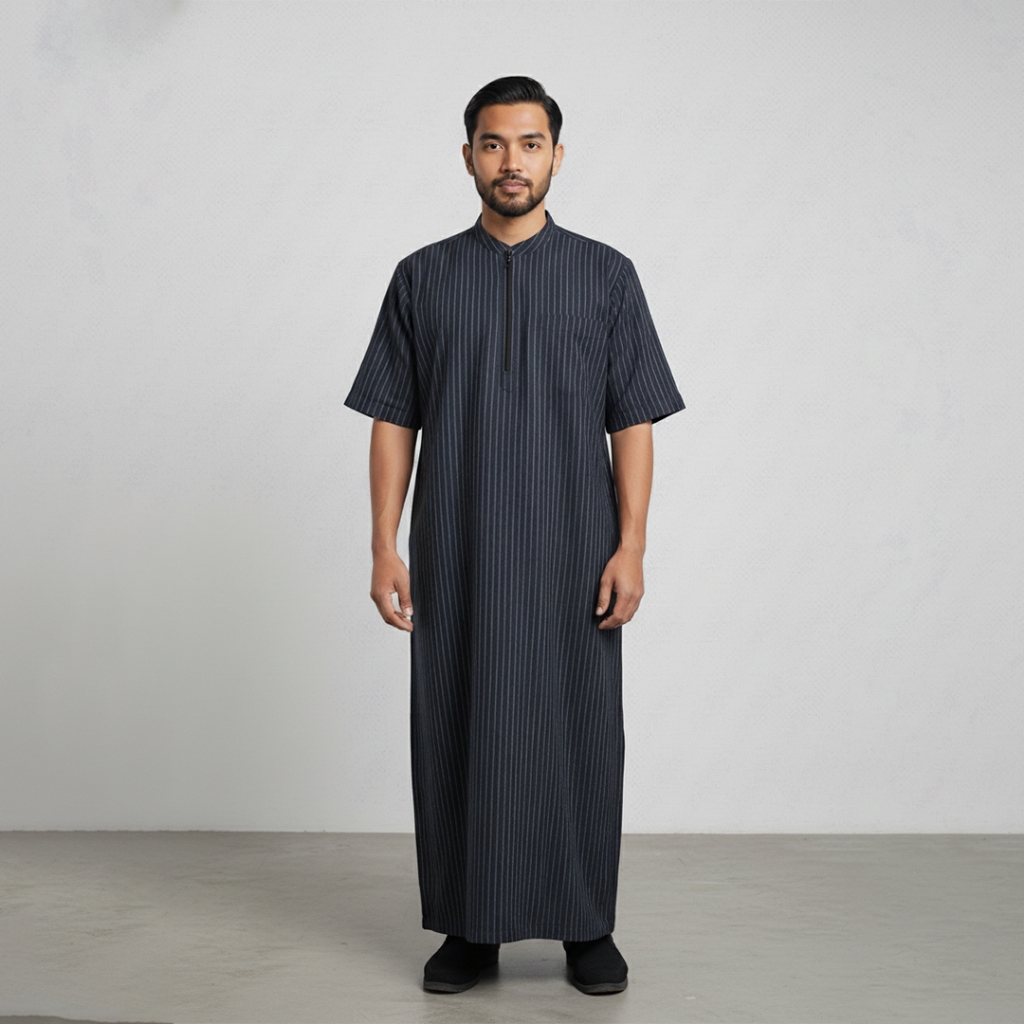 Baju Gamis Jubah Pria Thobe Biru Navy Motif Stripe Salur | Gamis Jubah Biru Navy Motif Salur | Gamis