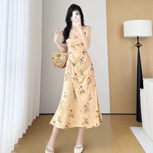 Hertha Duga long dress floral daisy retro wanita french dress vintage korean styler baju gaun pantai