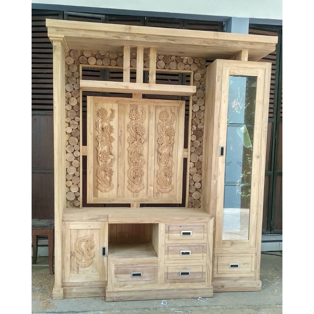 bufet tv partisi jati/bufet penyekat ruangan jati solid model minimalis ukuran 180x200