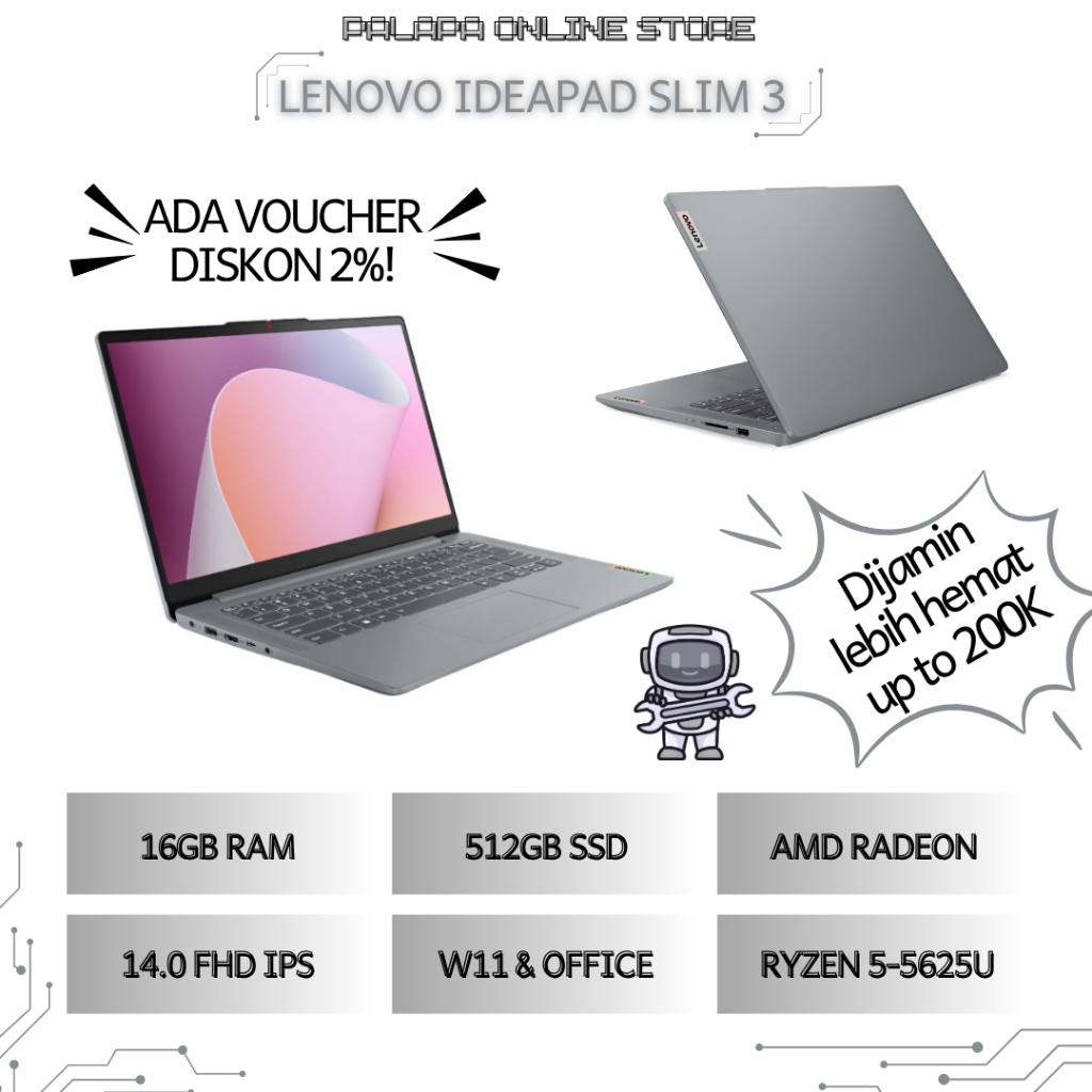 LENOVO IdeaPad Slim 3 14" Ryzen 5 5625U — 16GB / 512GB — Windows 11 — Office Home — M365