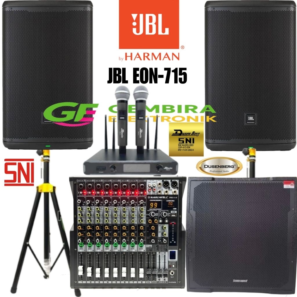 Paket Sound System Audio Speaker Aktif JBL EON 715 + Sub 18 Inch + Mixer Hardwell 8 Channel + Mic Wi