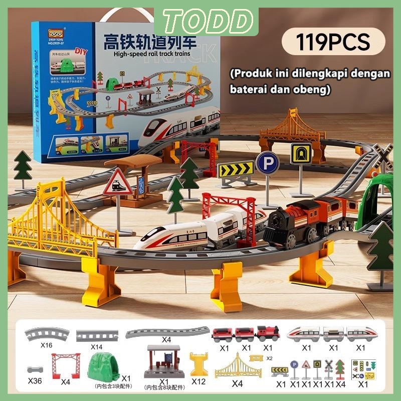 TODD Kereta Api Mainan Rel Panjang Perakitan Listrik Miniatur Rel Kereta Api Set Ukuran Besar Mainan