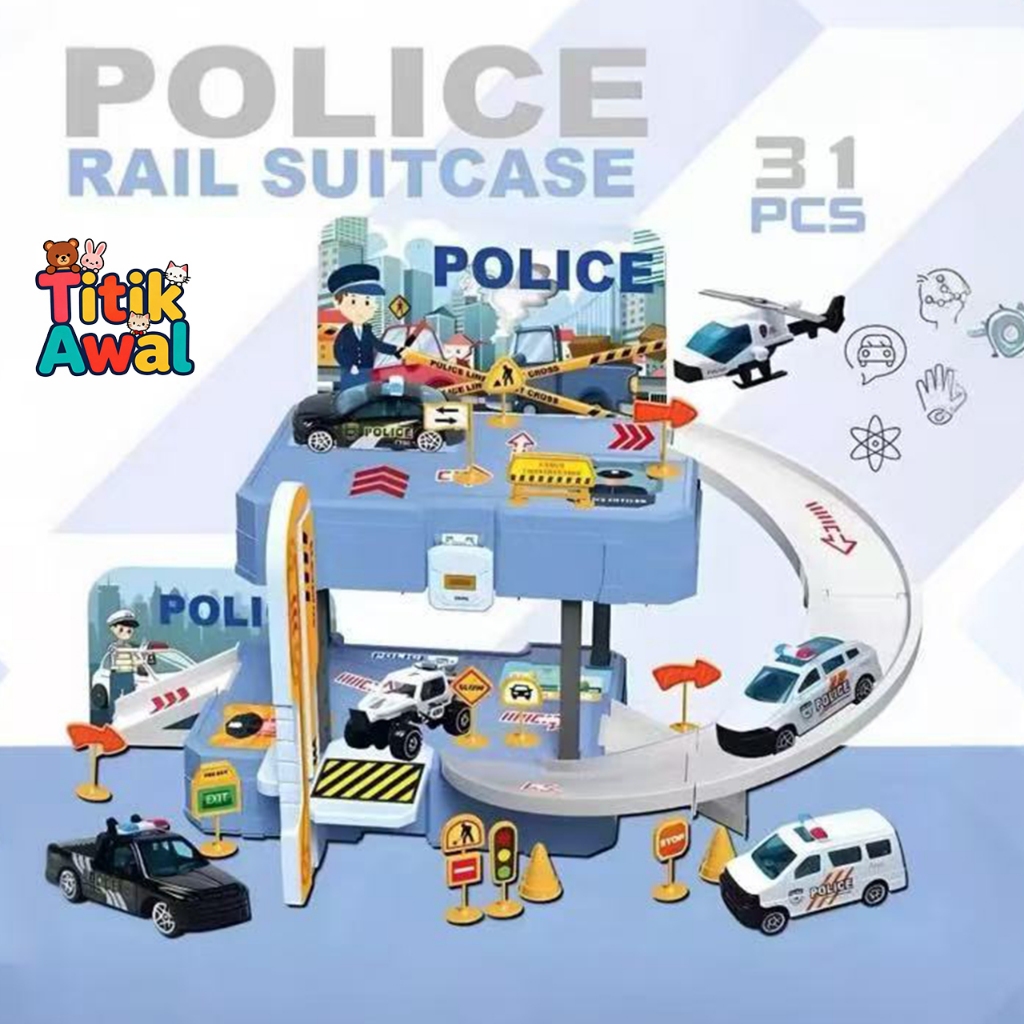 Mainan Anak-Anak Rel Bagasi Kereta Api Polisi Parkir Mobil Bagasi Bangunan Permainan Set - Mainan Pa