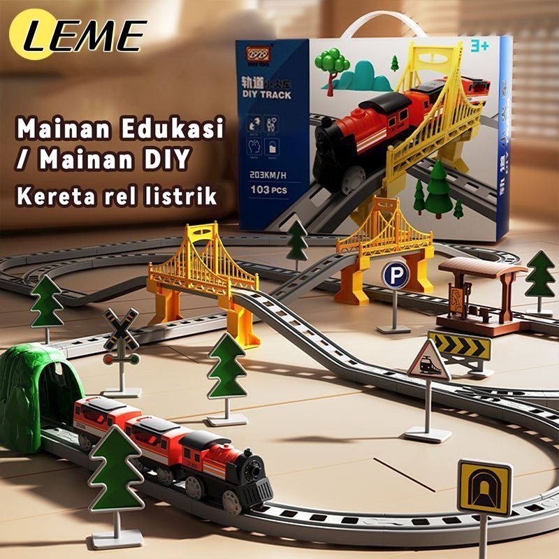 LEME Kereta Api Mainan Rel Panjang Perakitan Listrik Miniatur Rel Kereta Api Set Ukuran Besar Mainan