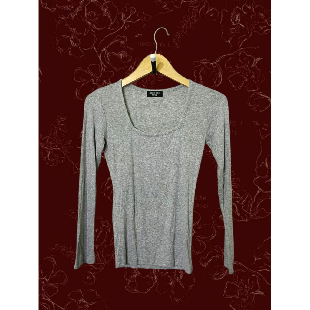 y2k Longsleeve Fitbody Rib Knit Squareneck Basic Grey Top by Ozbridge