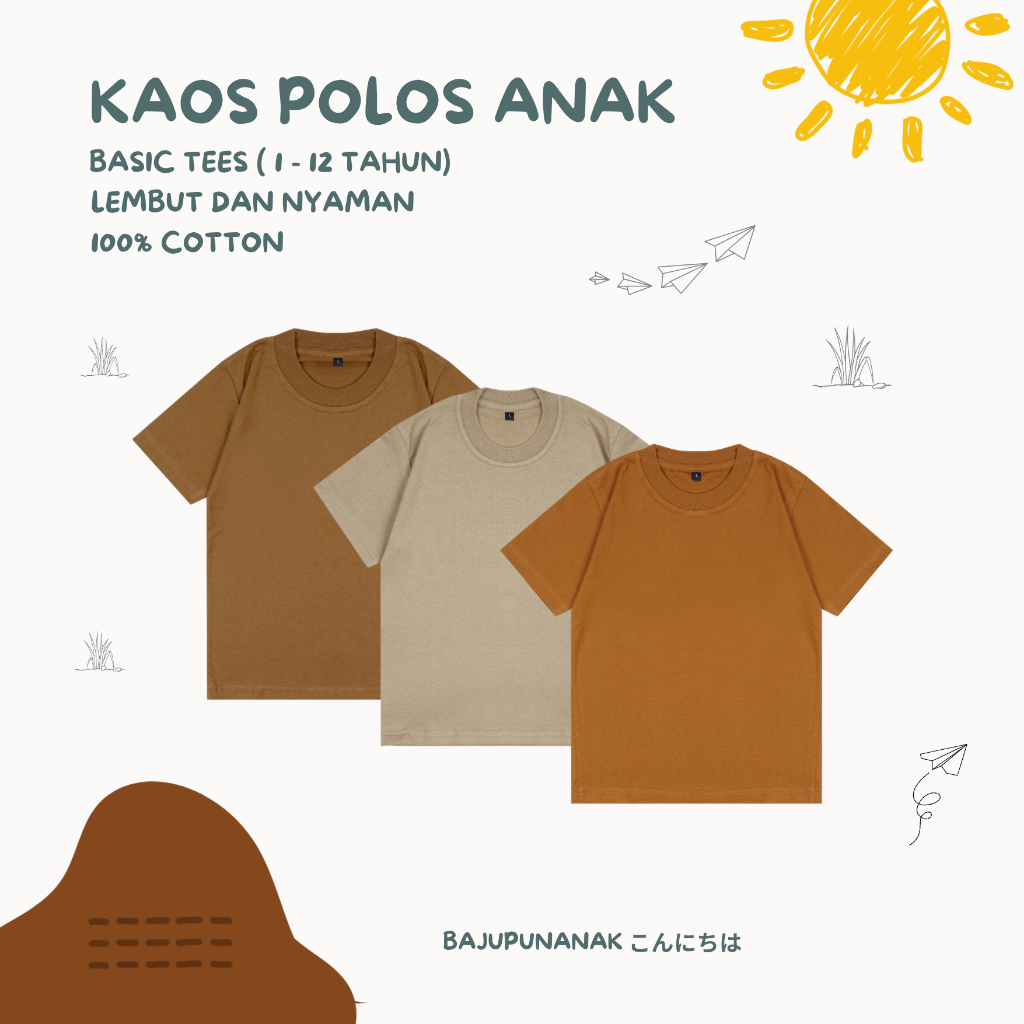 Baju Atasan Anak, Kaos Polos anak Usia 1-12 tahun,  Baju polos anak Premium