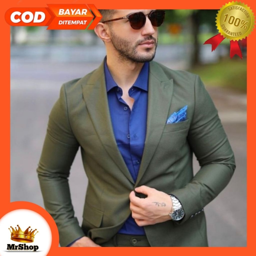 Jas Pria Formal Hijau Army Setelan Casual Blazer Slimfit