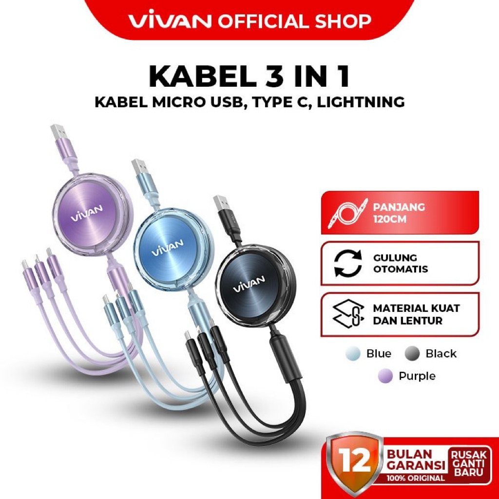 VIVAN Kabel Data 3 in 1 VRS03 Fast Charging 3.5A Micro USB Lightning Type C 120CM Garansi 1 Tahun