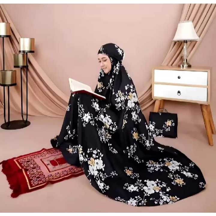 mukenah dewasa bahan adem jumbo motif bunga sakura mukena bali travel mini pouch katun premium