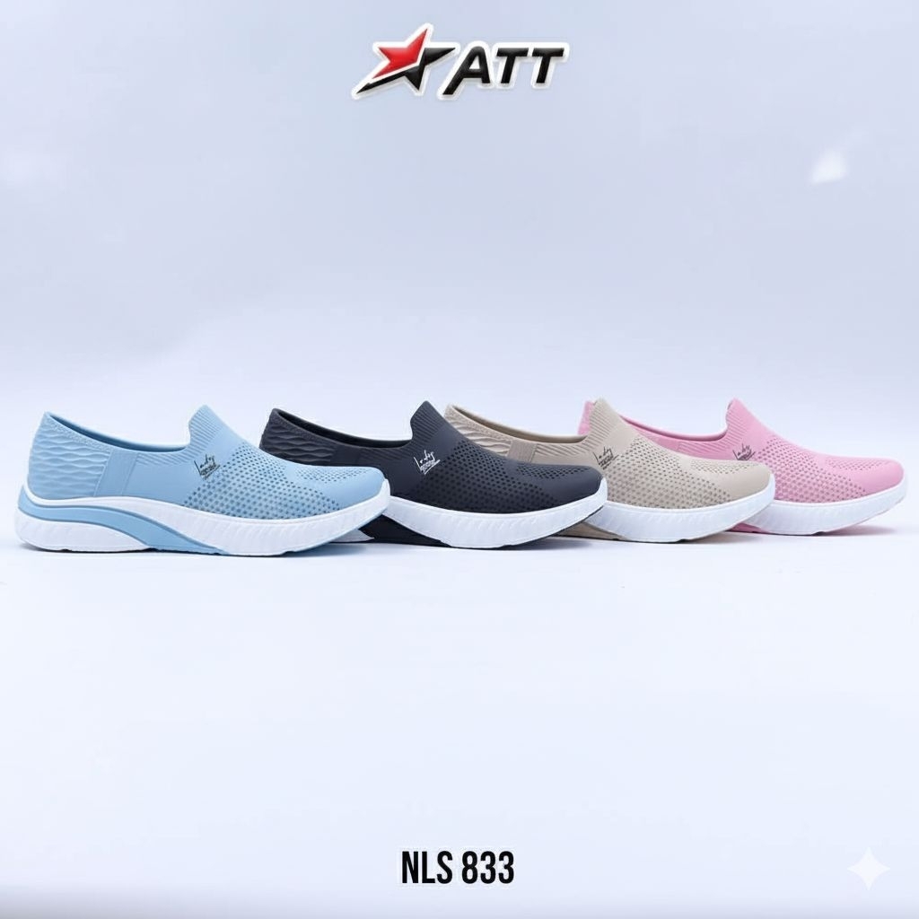 Sepatu Slip On Karet Rajut Wanita ATT NLS 830 Original Hitam Putih - Sepatu Olahraga Santai Cewek Te