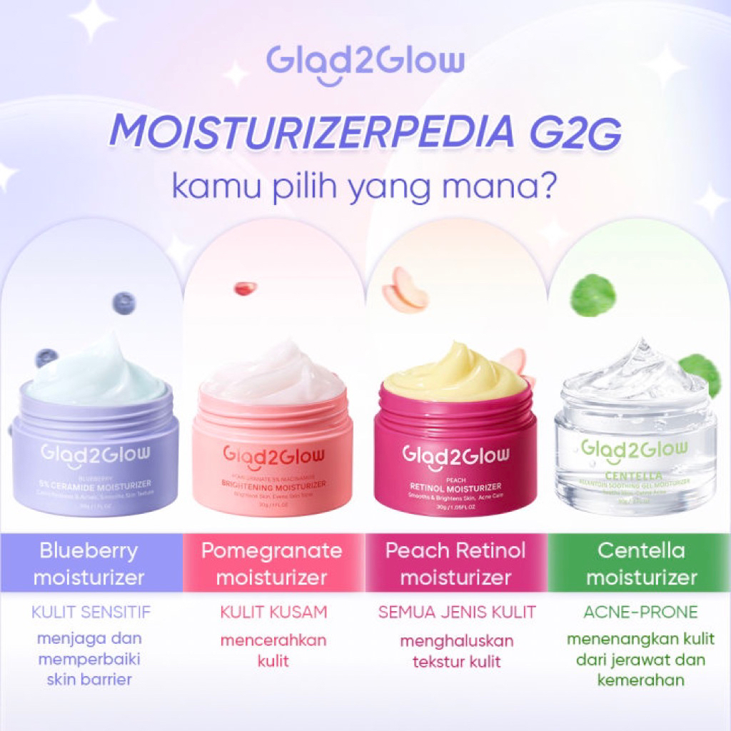 Glad2Glow moisturizer hijau untuk jerawat, pink untuk brightening, ungu untuk skin barrier, dan beni