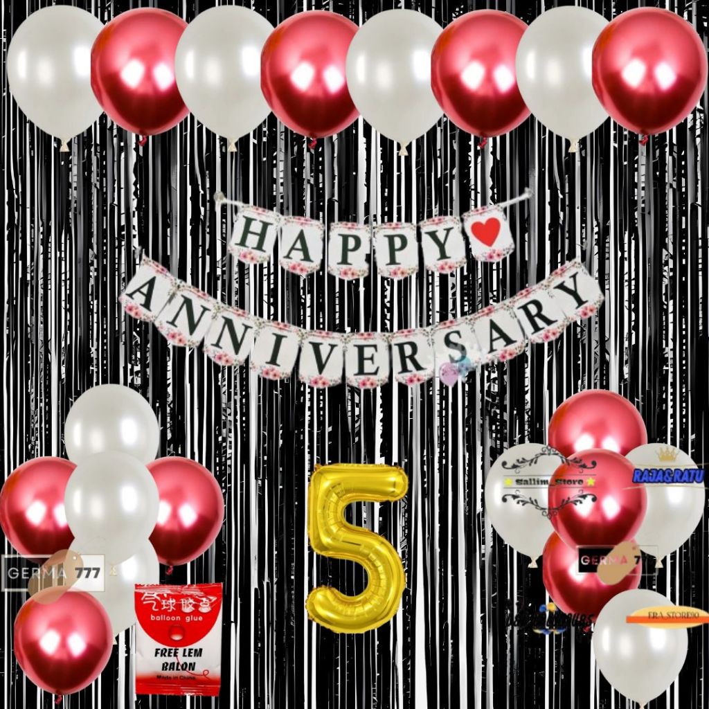 Paket Set Dekorasi Ulang Tahun Pernikahan Banner Happy Anniversary Putih Tirai Hitam