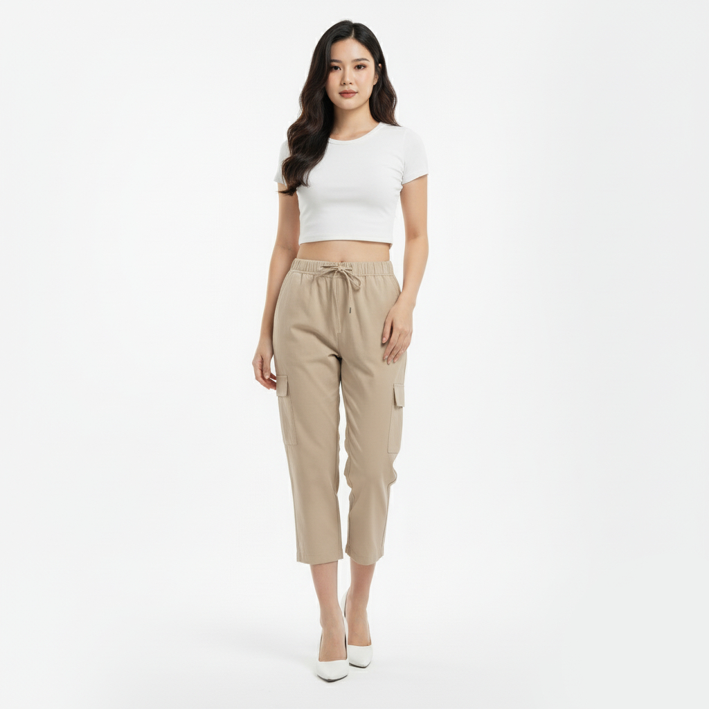 Kavora - Celana Cargo Wanita 7/8 Daily Cropped Pants Highwaist Stretch Pinggang Karet