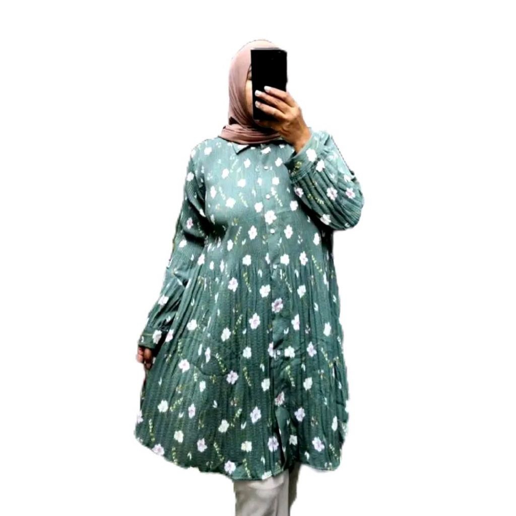 Atasan Wanita Muslimah Carisa Jumbo Tunik Bahan Crincle Plisket Motif Bunga Allsize LD120 by Atta