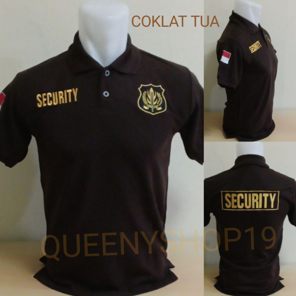 KAOS SECURITY COKLAT TUA LOGO KUNING FULL BORDIR - KAOS KERAH SECURITY COKLAT TUA BORDIR - KAOS SECU
