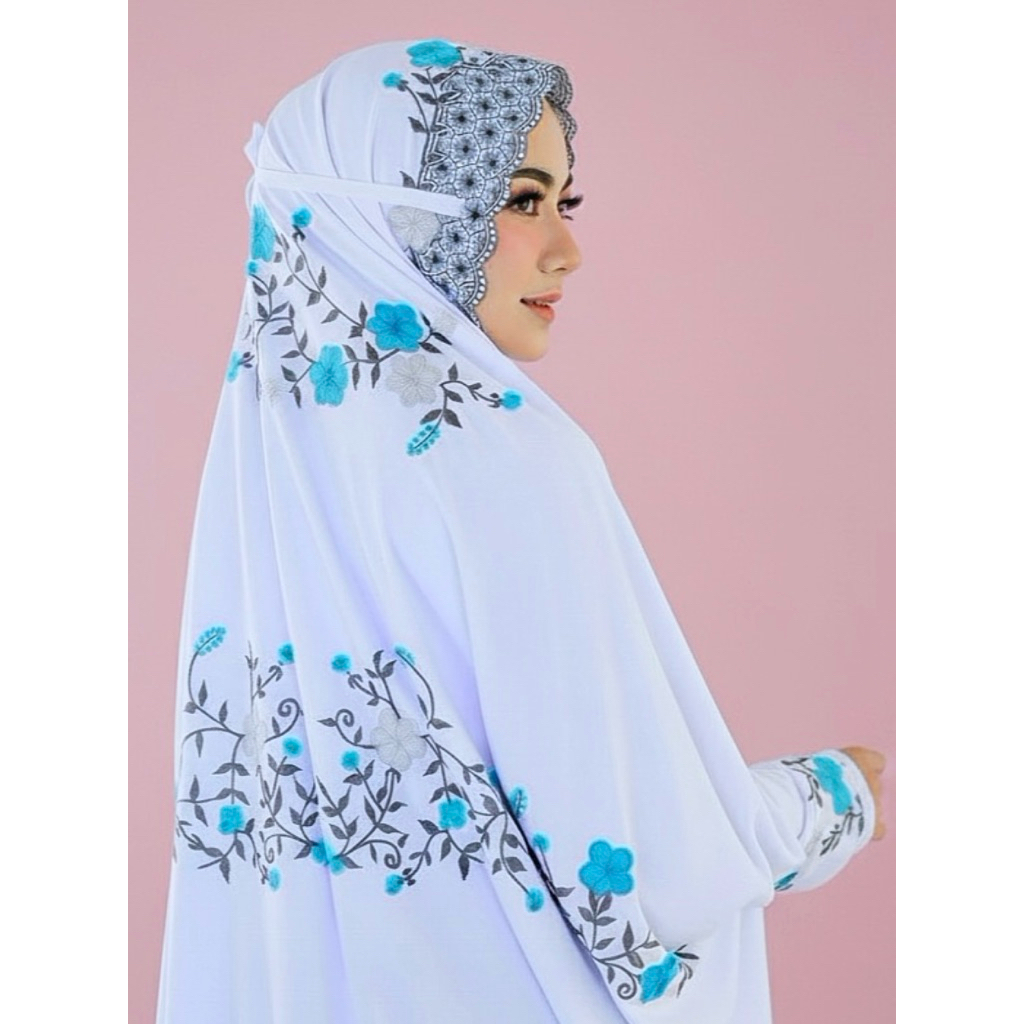 PREMIUM Mukena Terusan Putih Bordir Bunga Hitam | Mukenah Lajuran Katun Polino Mikro Sutra Look Teba