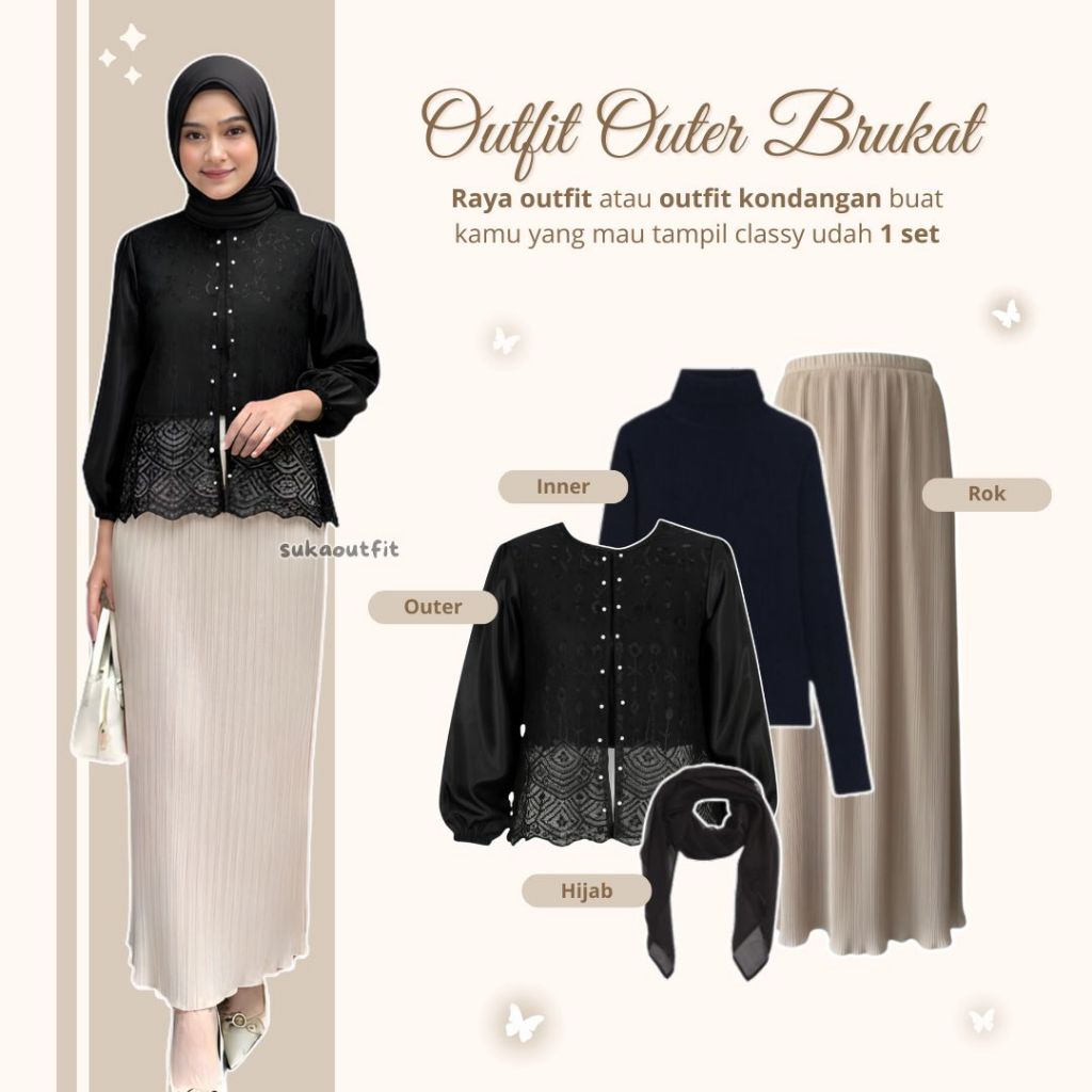 Setelan Kondangan Wanita ( Outer Brokat - Inner Manset - Rok Plisket Span - Hijab ) Outfit Baju Leba