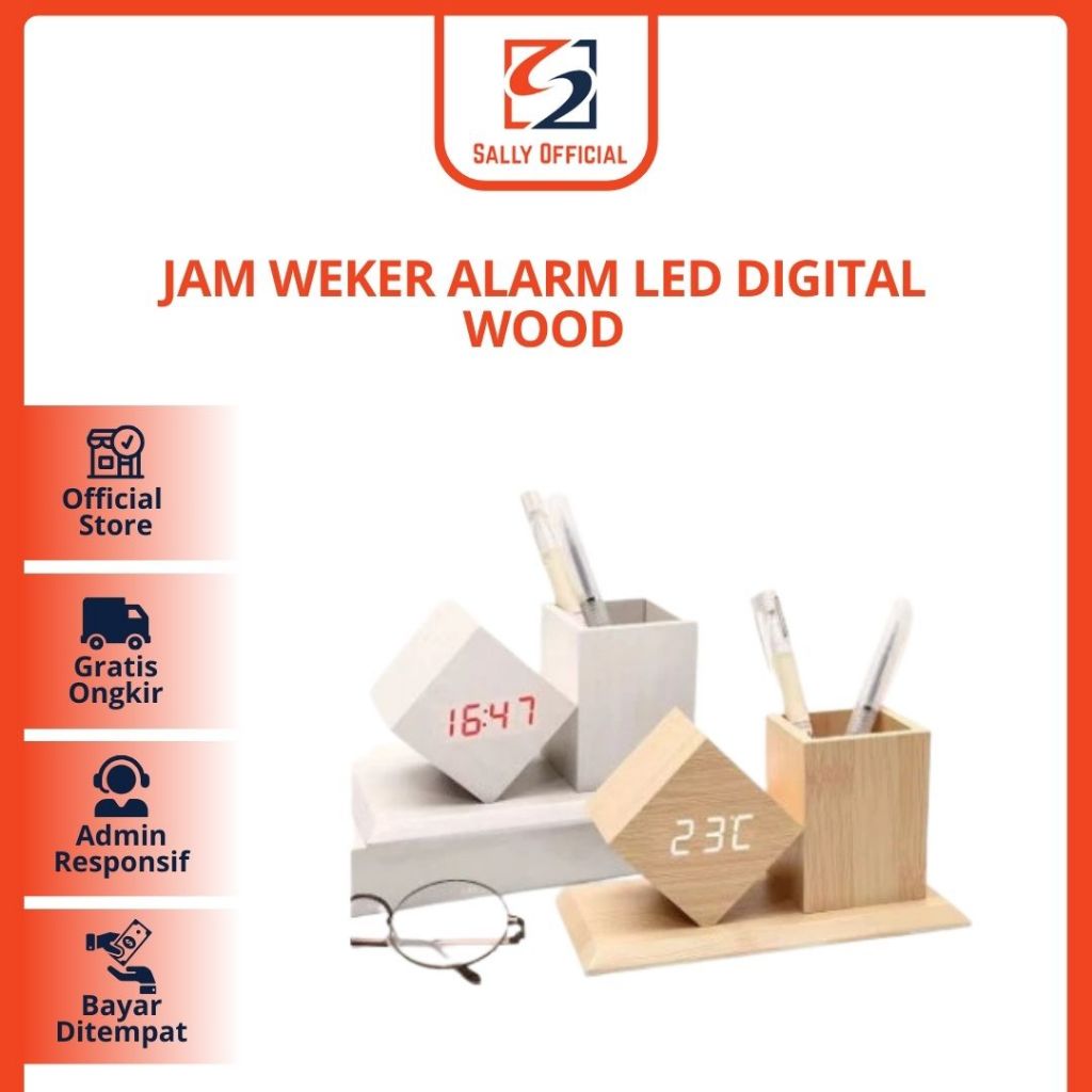 Jam Weker Alarm LED Digital Wood, Watch Meja Motif Kayu Tempat Pensil